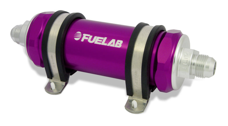 Fuelab 858 In-Line Fuel Filter Long -10AN In/Out 10 Micron Fabric w/Check Valve - Purple