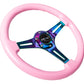 NRG Classic Wood Grain Steering Wheel (350mm) Solid Pink Painted Grip w/Neochrome 3-Spoke Center